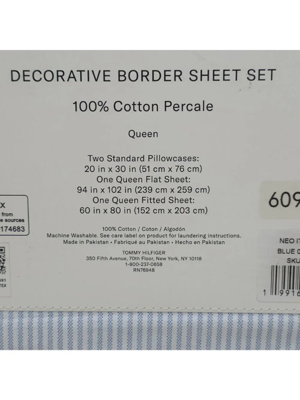 Tommy Hilfiger Decorative Border Queen Sheet Set 100% Cotton Percale Blue
